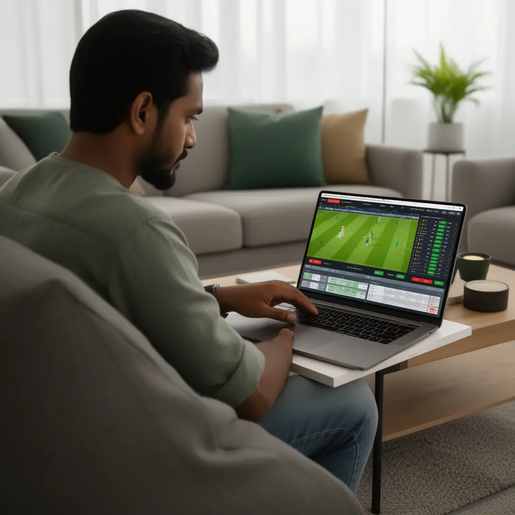 XX222 – Place smart live cricket bets with real time odds in Bangladesh Focused Bangladeshi sports bettor analyzing live cricket odds on the XX222 betting platform using a laptop in a cozy modern living room