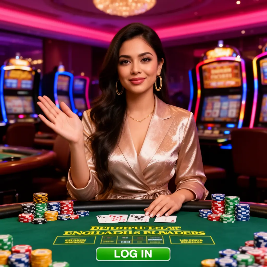 XX222 – Step into a world of exciting casino games in Bangladesh Confident casino dealer standing in a vibrant gaming hall with rows of slot machines behind her representing the premium online casino environment of XX222 in Bangladesh