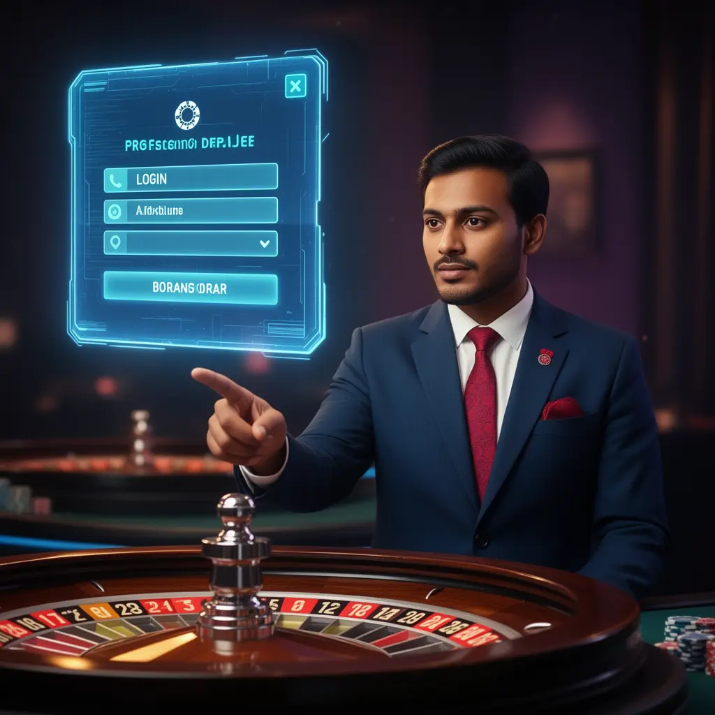 XX222 Login – Enter your account and start playing with confidence Confident Bangladeshi casino dealer pointing at a glowing holographic login panel with a roulette table behind him representing secure access at XX222